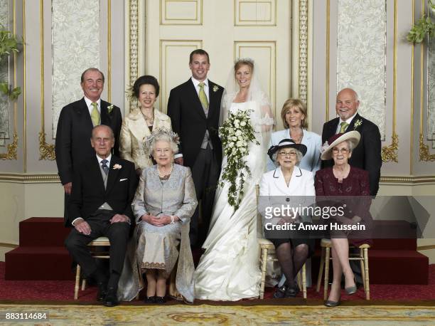 Wedding group of Mr Peter Phillips and Miss Autumn at Frogmore House The Duke of Edinburgh, Queen Elizabeth II, Mrs Ivy Kelly, Mrs Edith McCarthy,...