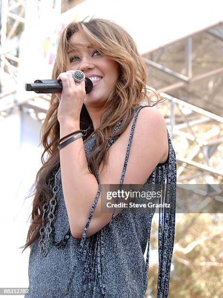 Miley Cyrus performson stage at the A Time for Heroes Celebrity Carnival Sponsored by Disney, benefiting the Elizabeth Glaser Pediatric AIDS...