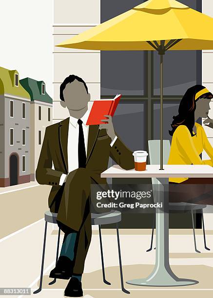 man reading book at outdoor caf? - outside cafe stock illustrations