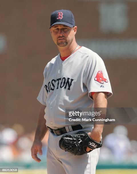 Tim Wakefield of the Boston Red Sox looks on against the Detroit Tigers during the game at Comerica Park on June 4, 2009 in Detroit, Michigan. The...