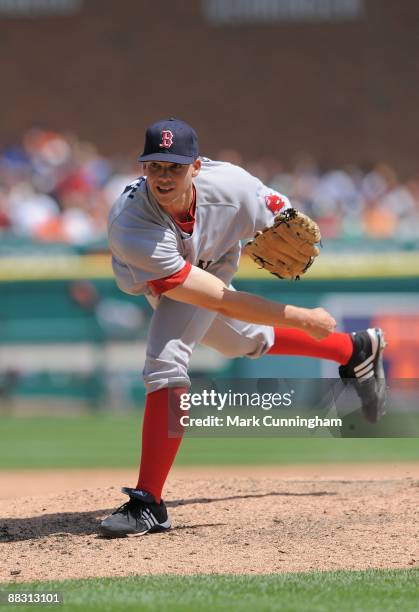 Justin Masterson of the Boston Red Sox pitches against the Detroit Tigers during the game at Comerica Park on June 4, 2009 in Detroit, Michigan. The...
