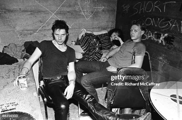 John Doe, Exene Cervenka and Billy Zoom of X backstage at Berkeley Square in 1979 in Berkeley, California.