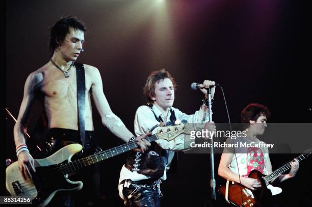 Sid Vicious, Johnny Rotten and Steve Jones of The Sex Pistols perform live at The Winterland Ballroom in 1978 in San Francisco, California.