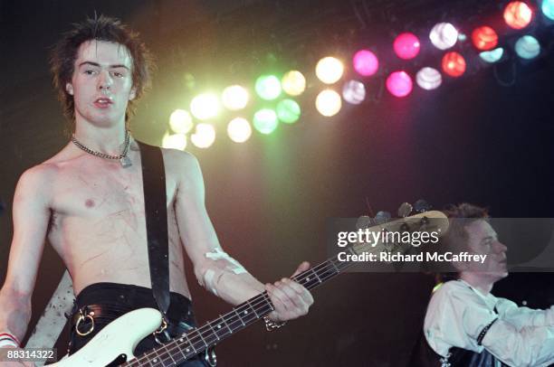 Sid Vicious and Johnny Rotten of The Sex Pistols perform live at The Winterland Ballroom in 1978 in San Francisco, California.