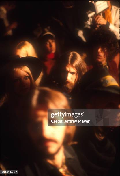 Ringo Starr and George Harrison of The Beatles in the audience during Bob Dylan's show at the Isle of Wight Festival, 31st August 1969 at Ford Farm,...