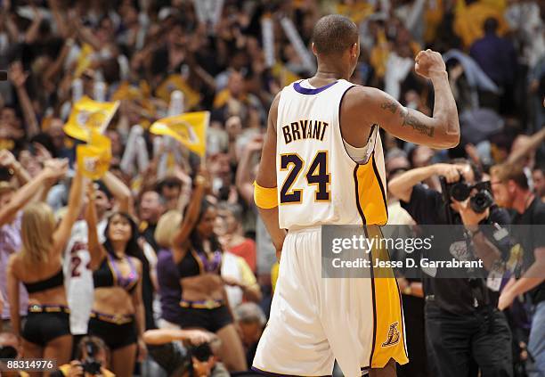 Kobe Bryant of the Los Angeles Lakers celebrates in Game Two of the 2009 NBA Finals against the Orlando Magic at Staples Center on June 7, 2009 in...