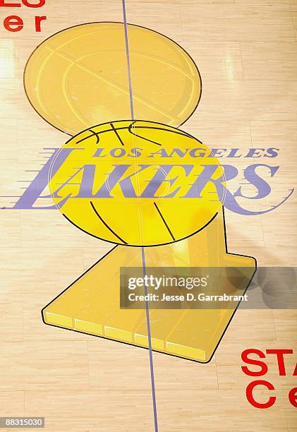 The Los Angeles Lakers logo is displayed at center court during Game Two of the 2009 NBA Finals against the Orlando Magic at Staples Center on June...