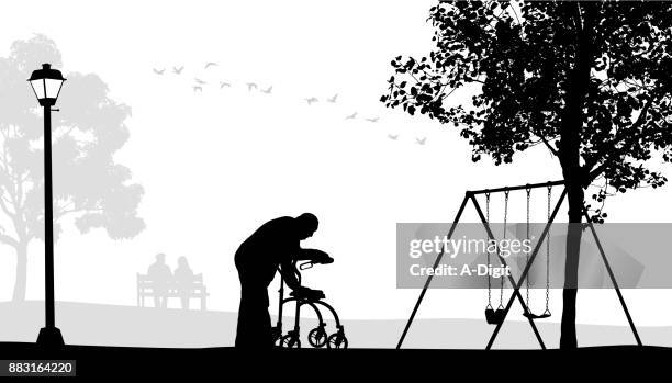 ilustrações de stock, clip art, desenhos animados e ícones de walking alone elderly - playground