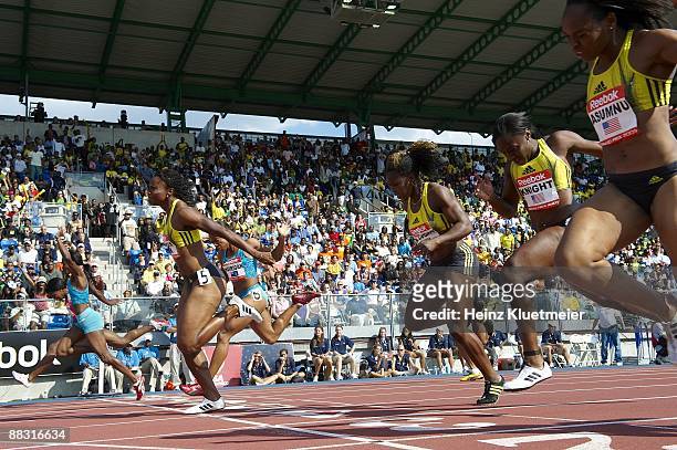 Reebok Grand Prix: Jamaica Aleen Bailey in action, crossing finish line during Women's 100M at Icahn Stadium on Randall's Island. New York, NY...