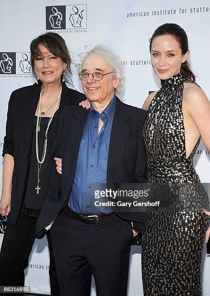 Executive director of the American Institute for Stuttering, Catherine Montgomery, actor Austin Pendleton, and event honoree, actress Emily Blunt,...