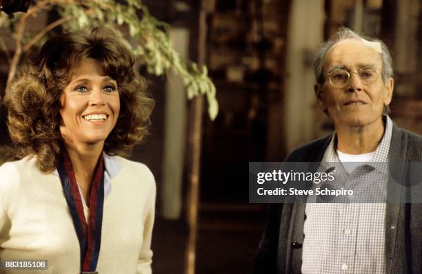 View of American actress Jane Fonda and her father, actor Henry Fonda , in a scene from the film 'On Golden Pond' , New Hampshire, 1981. The pair...