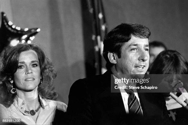 American politician and activist Tom Hayden speaks to the press after his victory in the California State Assembly election, Santa Monica,...