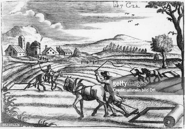 Bauern bei der Feldarbeit, Reproduktion der Grafik aus dem 17. Jahrhundert Originalaufnahme im Archiv von ullstein bild