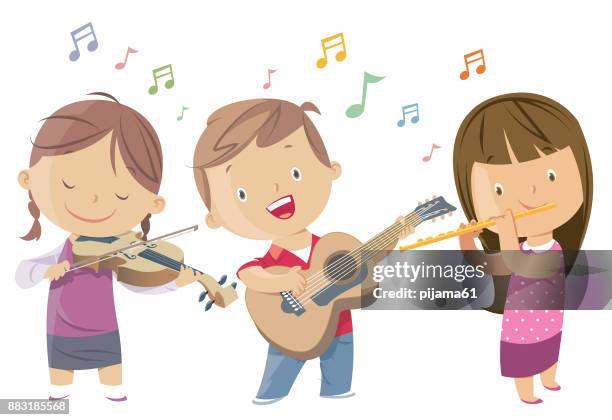 kids playing guitar, violin, flute - boy violin stock illustrations