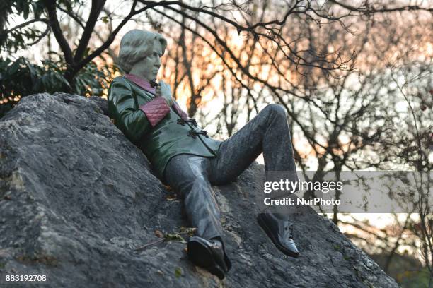 Oscar Wilde sculpture located at the corner of Merrion Square Park just in front oif his family home in Merrion Square in Dublin, on the day of the...