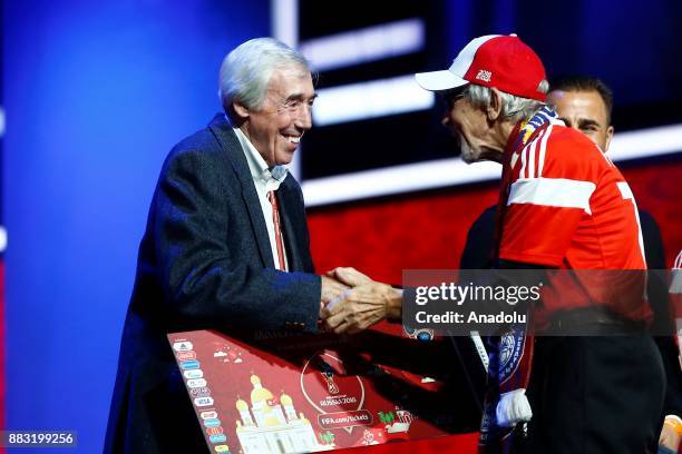 Draw assistant, former England goalkeeper Gordon Banks attends a photo opportunity on stage of the 2018 FIFA World Cup Russia Final Draw in the State...