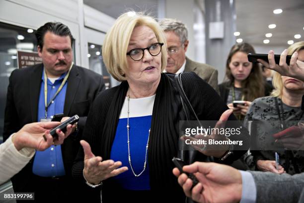 Senator Claire McCaskill, a Democrat from Missouri, speaks to members of the media in the basement of the U.S. Capitol in Washington, D.C., U.S., on...
