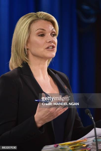 State Department Spokesperson Heather Nauert speaks during a briefing at the State Department in Washington, DC on November 30, 2017. / AFP PHOTO /...