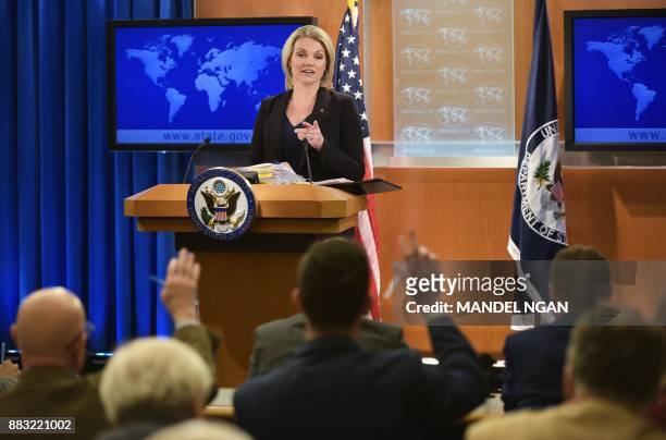 State Department Spokesperson Heather Nauert speaks during a briefing at the State Department in Washington, DC on November 30, 2017. / AFP PHOTO /...