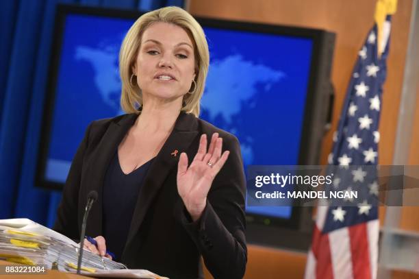 State Department Spokesperson Heather Nauert speaks during a briefing at the State Department in Washington, DC on November 30, 2017. / AFP PHOTO /...