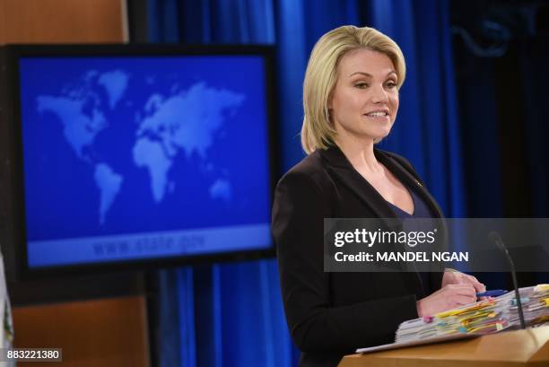 State Department Spokesperson Heather Nauert speaks during a briefing at the State Department in Washington, DC on November 30, 2017. / AFP PHOTO /...