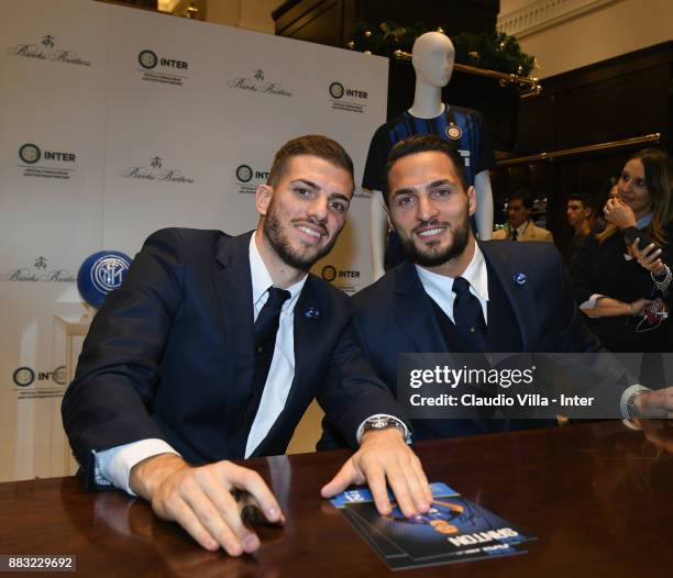 Davide Santon and Danilo D'Ambrosio of FC Internazionale attend during the FC Internazionale Team visit Brooks Brother Store on November 30, 2017 in...