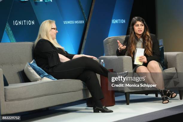 Karin Timpone, CMO at Marriott International speaks onstage with Tanya Dua at IGNITION: Future of Media at Time Warner Center on November 30, 2017 in...