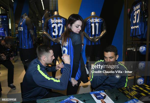 Milan Skriniar and Matias Vecino of FC Internazionale attend at Inter Store on November 30, 2017 in Milan, Italy.