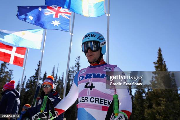 Patrick Kueng of Switzerland gets ready near the start house before a training run for the Audi Birds of Prey World Cup downhill race on November 30,...