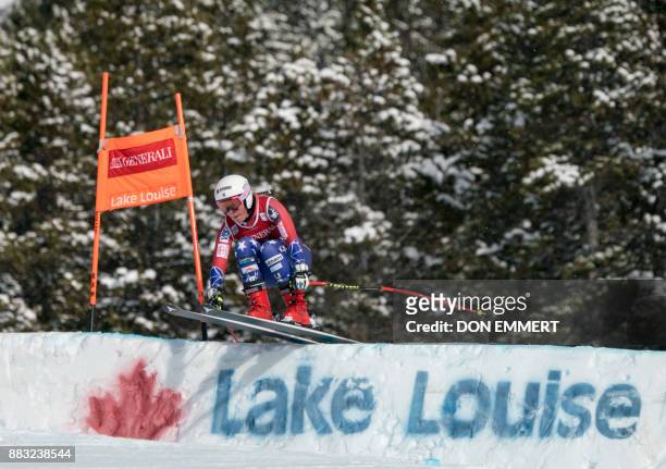 Breezy Johnson of the US skis during training for the FIS Ski World Cup Women's Downhill November 30, 2017 in Lake Louise, Alberta. / AFP PHOTO / DON...