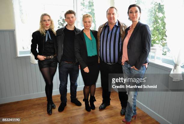 Lili Epply, Simon Morze, Katharina Strasser, and Ursula Strauss pose during the tv series 'Schnell ermittelt' On Set Photo Call at Schutzhaus am...