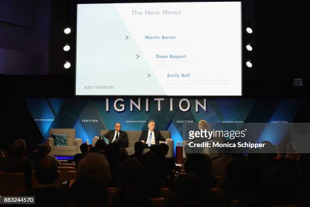 Dean Baquet, executive editor of The New York Times, and Martin Baron, executive editor of The Washington Post, speak onstage with Emily Bell,...
