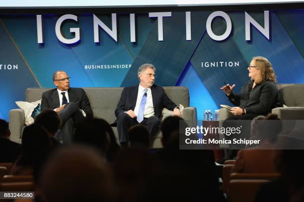 Dean Baquet, executive editor of The New York Times, and Martin Baron, executive editor of The Washington Post, speak onstage with Emily Bell,...