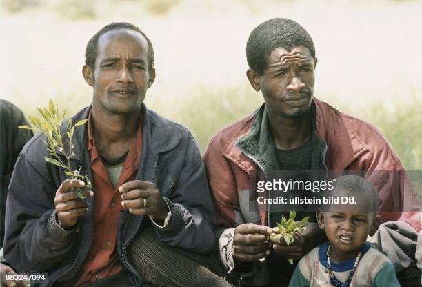 Äthiopien: Zwei Männer aus Butajira kauen die Blätter der Pflanze Cut. Vor ihnen sitzt ein kleiner Junge, dessen Gesicht mit Fliegen bedeckt ist....