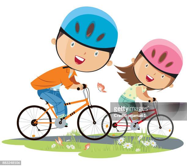 girl and boy on bicycle - schoolboy stock illustrations