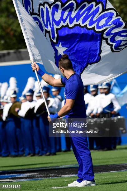 An Indiana State University Sycamores cheerleader waves the team flag before the Missouri Valley Conference game against the North Dakota State...