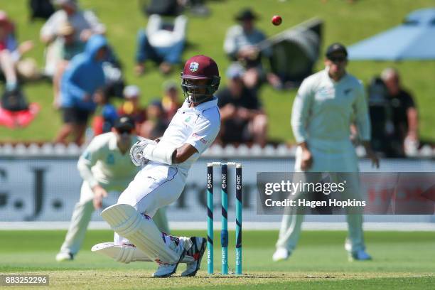 Kraigg Brathwaite of the West Indies avoids a bouncer during day one of the Test match series between the New Zealand Blackcaps and the West Indies...