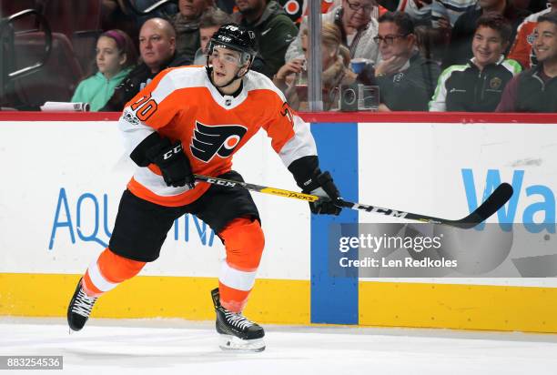 Danick Martel of the Philadelphia Flyers skates against the New York Islanders on November 24, 2017 at the Wells Fargo Center in Philadelphia,...