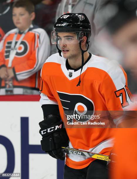 Danick Martel of the Philadelphia Flyers warms up against the New York Islanders on November 24, 2017 at the Wells Fargo Center in Philadelphia,...