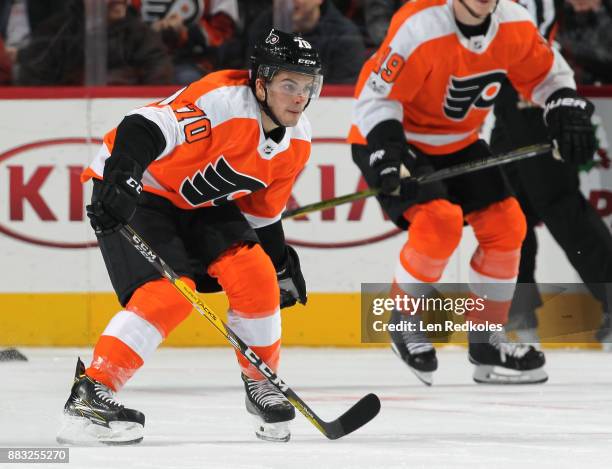 Danick Martel of the Philadelphia Flyers in action against the New York Islanders on November 24, 2017 at the Wells Fargo Center in Philadelphia,...