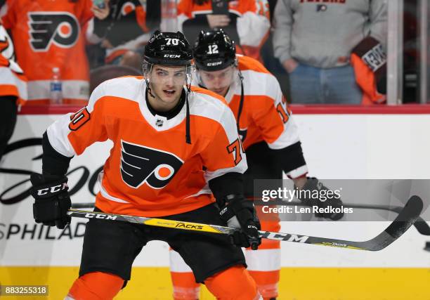 Danick Martel of the Philadelphia Flyers warms up against the New York Islanders on November 24, 2017 at the Wells Fargo Center in Philadelphia,...