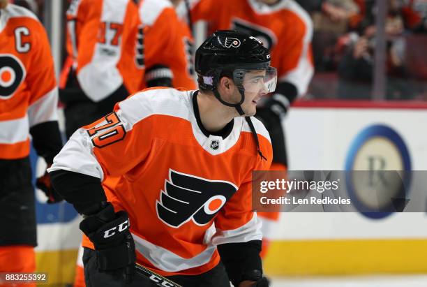 Danick Martel of the Philadelphia Flyers warms up against the New York Islanders on November 24, 2017 at the Wells Fargo Center in Philadelphia,...