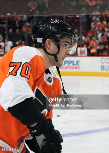 Danick Martel of the Philadelphia Flyers warms up against the New York Islanders on November 24, 2017 at the Wells Fargo Center in Philadelphia,...