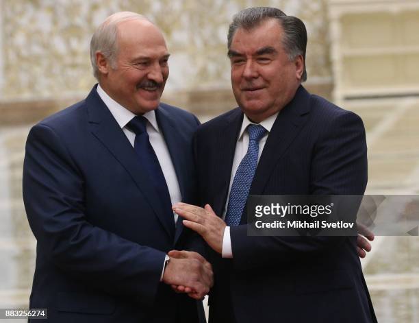 Belarussian President Alexander Lukashenko greets Tajik President Emomali Rakhmon during the CSTO Summit on November 30, 2017 in Minsk, Belarus....