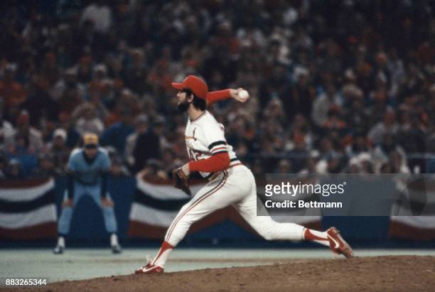 The St. Louis Cardinals pitcher, Bruce Sutter, in action during the 7th game of the 1982 World Series against the Milwaukee Brewers. The Cardinals...