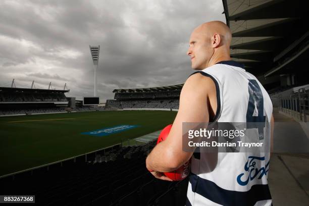 Gary Ablett unveils his new number during a Geelong Cats Media Session at GMHBA Stadium on December 1, 2017 in Geelong, Australia.