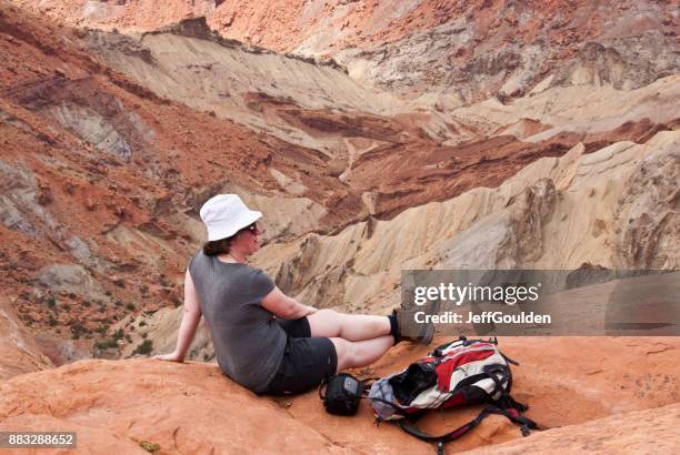 sitting on the edge of the crater - navajo sandstone formations stock pictures, royalty-free photos & images