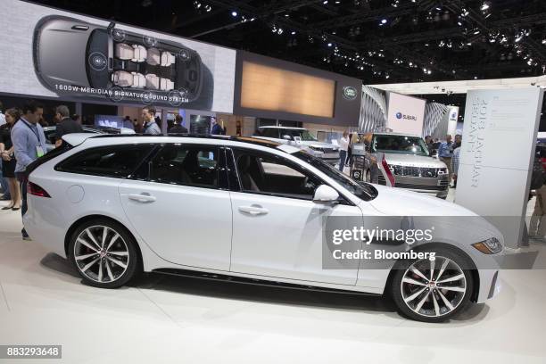 The Jaguar Land Rover Automotive Plc XF Sportbrake vehicle is displayed during AutoMobility LA ahead of the Los Angeles Auto Show in Los Angeles,...