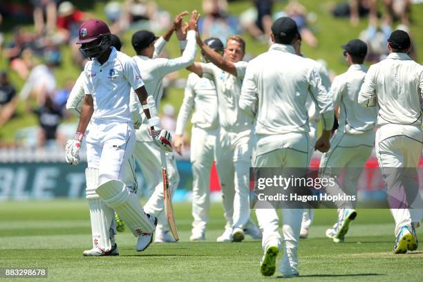 Neil Wagner of New Zealand celebrates after taking the wicket of Kraigg Brathwaite of the West Indies during day one of the Test match series between...