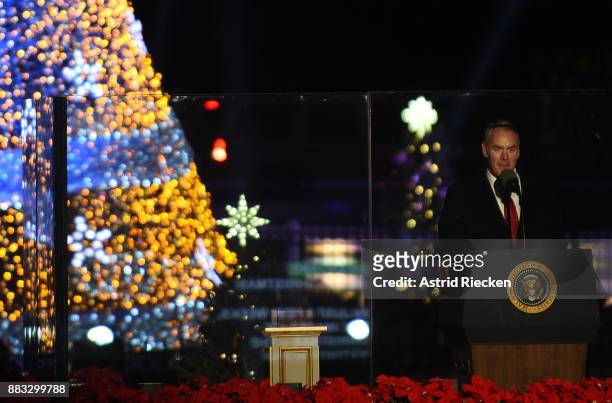 Interior secretary Ryan Zinke addresses the audience during the 95th annual National Christmas Tree Lighting held by the National Park Service at the...